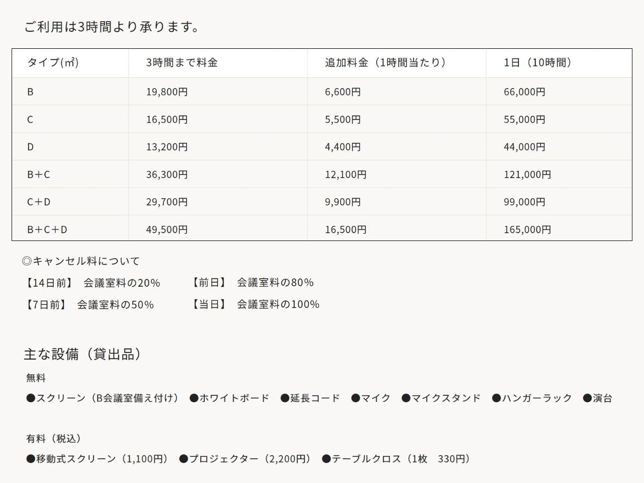 利用料金・キャンセル料（税込）・設備