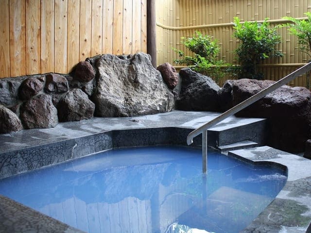 半露天風呂付きの平屋の和室。畳の間から湯船が続く