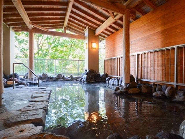 展望露天風呂。木の梁の下に湯船が延び、外の緑が近い