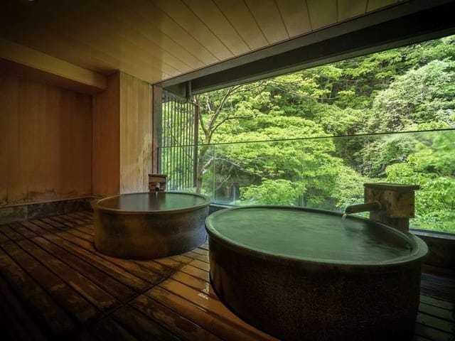 貸切展望風呂「月見の湯」。丸い石の湯船の先、窓一面に渓谷の緑が広がる