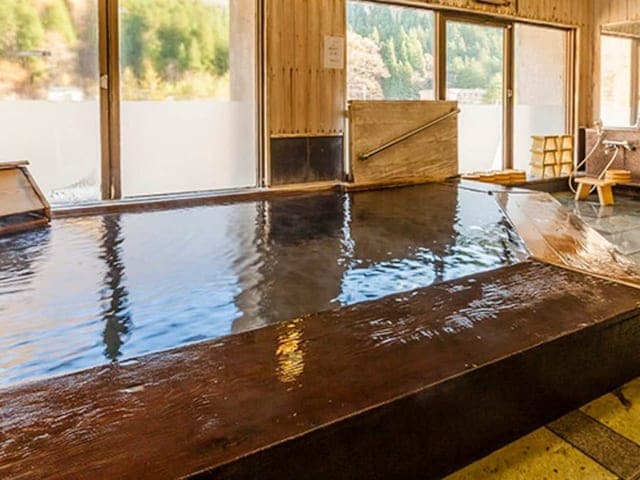 木枠の内湯。茶褐色の湯をたたえた湯船の先の窓に、山の緑が続く
