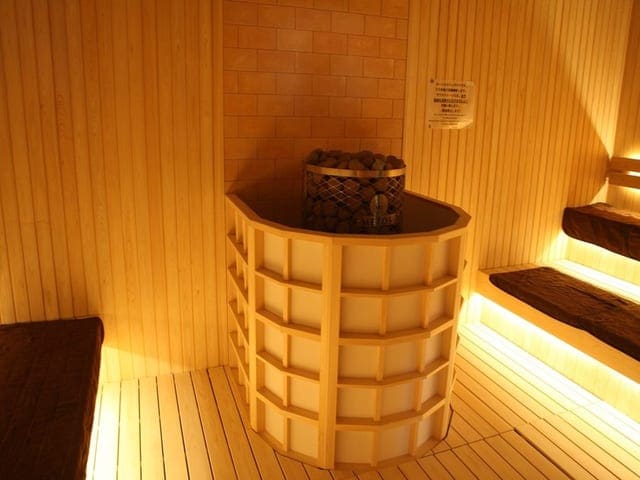 オートロウリュのサウナ室。木の壇と、中央に据えられたストーブ