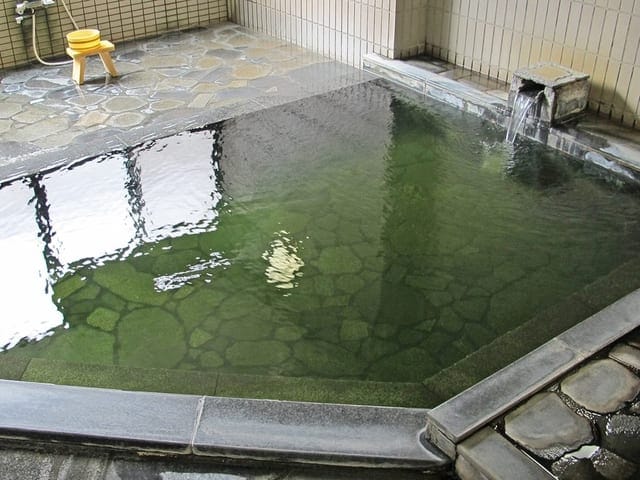 黒御影石の大浴場。緑がかった湯が石の縁いっぱいに張られている