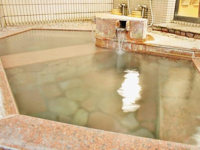 赤御影石の大浴場。木の湯口から湯が注ぐ