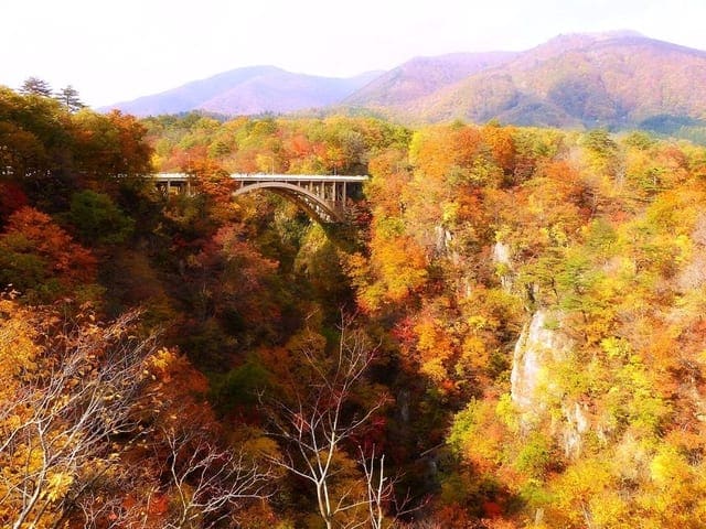 宿から近い鳴子峡。紅葉に染まった谷に橋が架かる