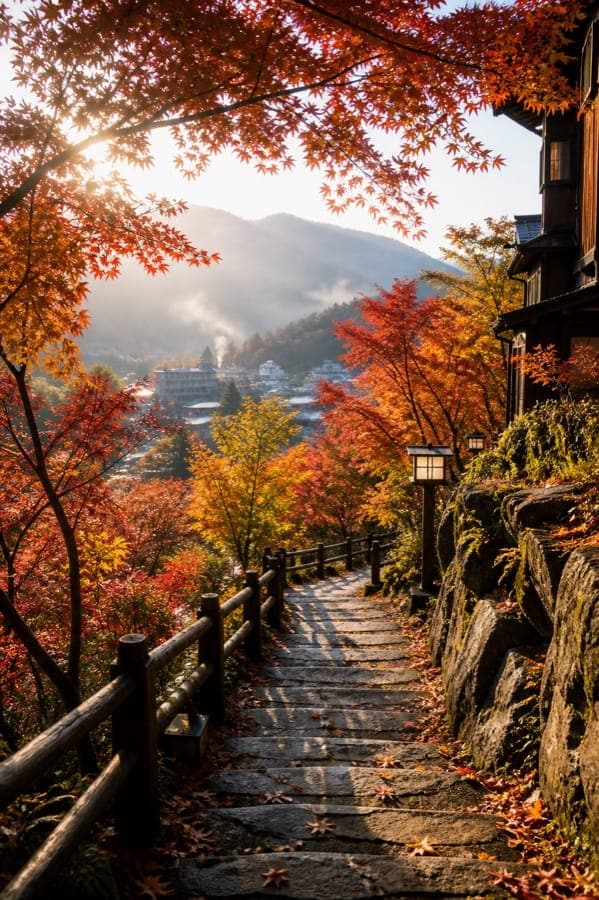 紅葉に包まれた温泉街へ続く石段