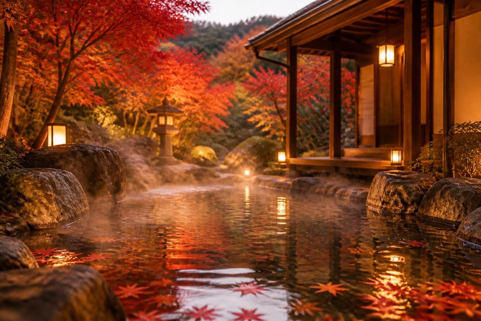 紅葉と灯りに包まれた露天風呂