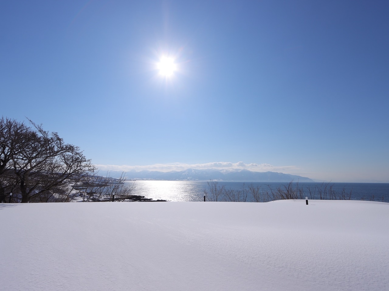 青く広がる海と空に、純白の雪が映える冬ならではの絶景です
